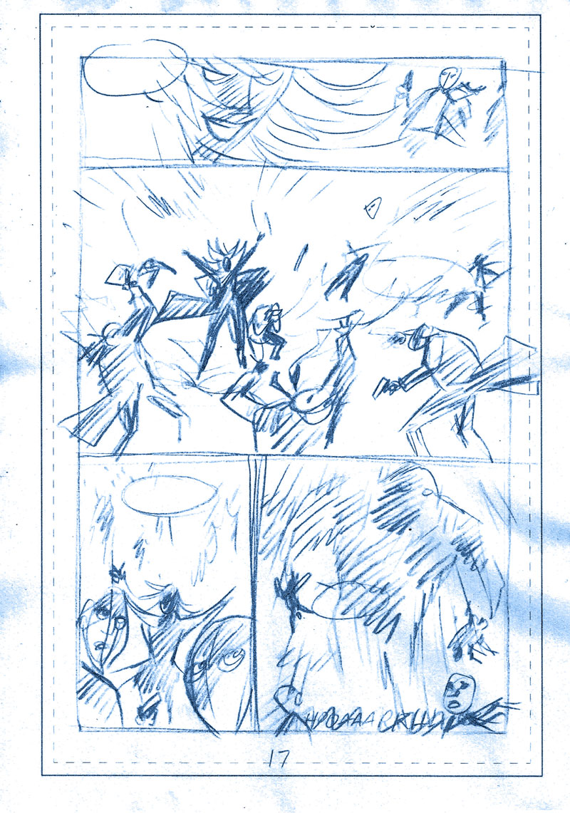 The first rough take on the page, done in blue pencil for no particular reason